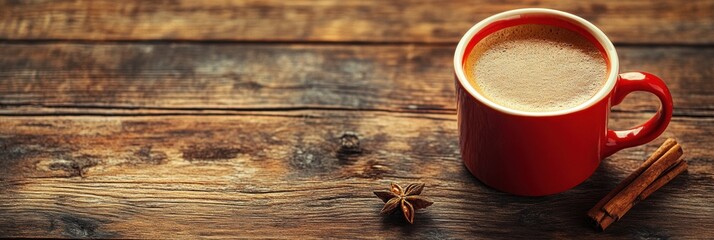 Fototapete - Warm cup of coffee served on rustic wooden table with spices. Generative AI