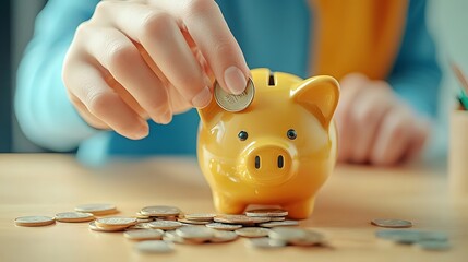 Aufkleber - A person s hands carefully counting and depositing coins into a yellow piggy bank with a blurred background of a home office desktop setting representing the concept of personal finance savings