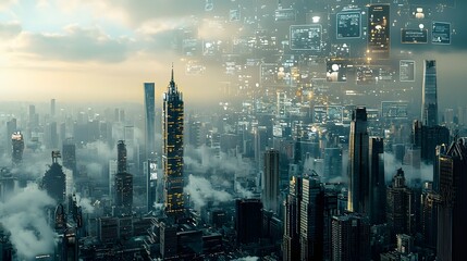 Leinwandbilder - A visually stunning futuristic cityscape with a digital overlay of AI powered information and conversations creating a captivating and innovative urban landscape of the future