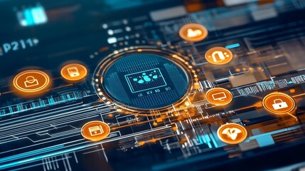 Fototapete - AI Powered Fintech Compliance System with Smart Data Processing Icons Innovative Digital Workflow for Financial Regulations and Security Compliance