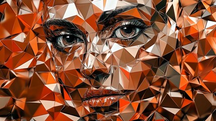 Poster - Geometric Portrait of a Woman with Copper Reflections and Polygonal Texture