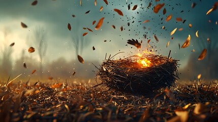 Aufkleber - Bird s Nest Ablaze as Embers Rain Down Igniting Intense Fiery Chaos in the Natural Environment  Dramatic Explosion of Flames Smoke and Destruction