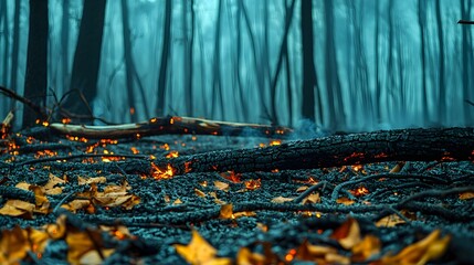 Poster - Charred and smoldering forest floor covered in fallen branches decaying logs and glowing embers set against a moody atmospheric autumn landscape