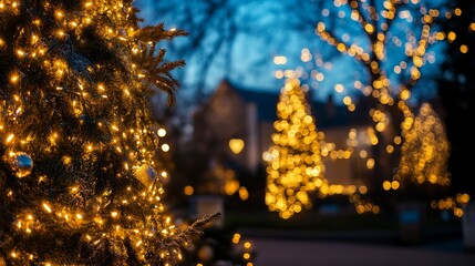 Poster - Festive Christmas tree lights glow against a twilight city backdrop