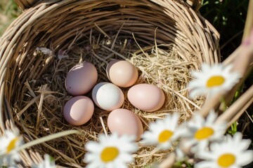 Various colored eggs nestled in a wicker basket surrounded by daisies on a sunny day in spring