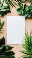 Fototapete - Blank white paper surrounded by lush green leaves on a wooden surface in a natural setting during daylight. Generative AI