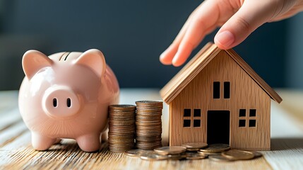 Aufkleber - Closeup of a pink piggy bank with stacked metal coins next to it and a human hand reaching out to add more coins for savings and financial security