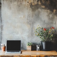 Poster - Modern workspace design featuring a laptop and decorative plants on a rustic wooden desk. Generative AI