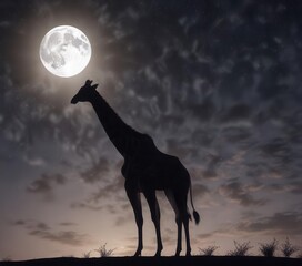  Giant giraffe silhouette against darkening sky with moon and stars,  landscape,  night,  large animals