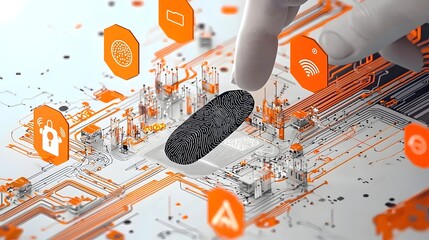 Fototapete - Digital fingerprint scanning process with futuristic icons for secure identity authentication and access control  Biometric technology machine learning and digital transformation concepts in a modern