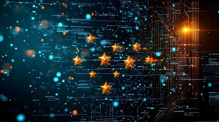 Aufkleber - Digital trust concept represented by floating star ratings in a futuristic high tech environment symbolizing data analysis technology and transparent evaluation systems