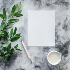Poster - Blank canvas with plant leaves and a container of paint on a textured surface ready for creative activities. Generative AI