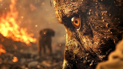 Poster - Dramatic wide angle shot capturing the intense reflection of a raging wildfire in the frightened eye of a wild animal showcasing the raw power and destructive force of the natural disaster