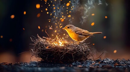 Aufkleber - Fiery Aviary Ablaze A Bird s Nest Engulfed in Ember Shower as Embers Rain Down from Above Creating a Dramatic and Dynamic Natural Scene