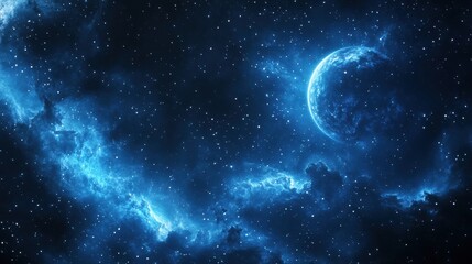 Poster - Stunning cosmic view of illuminated blue planet surrounded by vibrant nebula and stars in the night sky. Generative AI