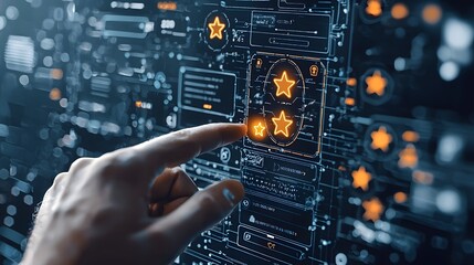 Leinwandbilder - Finger Interacting with Highest Rated Option in Futuristic Glowing Star Rating System Displayed on a High Tech Digital User Interface or Dashboard