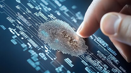 Poster - Fingerprint biometrics technology used by fintech for analyzing customer data assessing financial risk and detecting potential fraud during KYC Know Your Customer processes