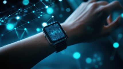 Poster - Futuristic Smartwatch Displaying Data Network on Wrist