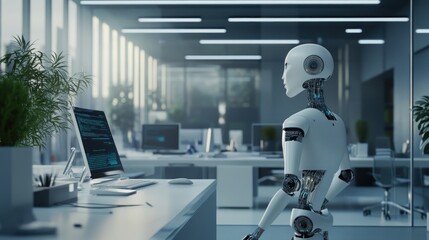 Poster - Futuristic Office: Humanoid Robot at Workstation