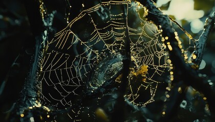 Dewdrops adorn a glistening spiderweb in the early morning light