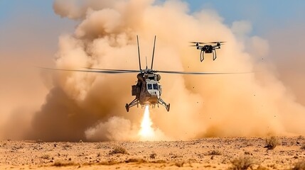 Poster - Futuristic military scene depicting infantry soldiers using advanced portable laser weapons to take down enemy drones mid air in a desert combat zone with smoke and dust clouds in the sky