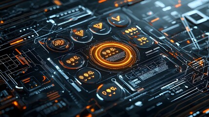 Leinwandbilder - Glowing neon digital interface with multiple product rating levels and meters floating in midair  Futuristic and high tech 3D representing a technology data or analytics concept