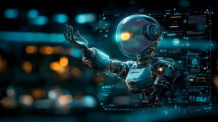 Poster - Holographic projection of an advanced virtual assistant floating in a futuristic digital interface with glowing blue lights innovative technology and style