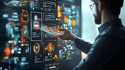 Poster - Neon Lit Interface Guiding User Through Travel Ticket Booking Process  Futuristic digital dashboard with interactive controls data visualization