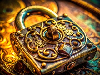Poster - Intricate Metal Lock Close-Up: Security, Detail, Texture, Mechanism,  Antique Brass Padlock