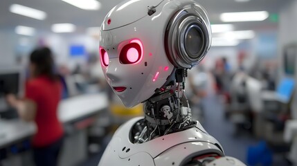 Poster - Robotic Chatbot Avatar Appearing on a Smartphone Display Screen   Futuristic Digital Communication and Intelligent Interface Concept