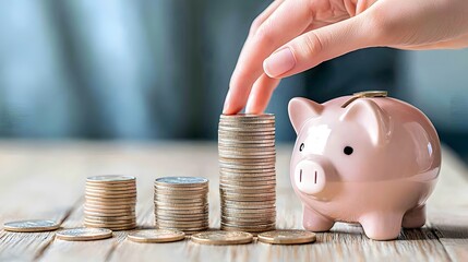 Aufkleber - Saving money in a piggy bank with a hand reaching out to add more coins to the growing stack of finance and investment concept