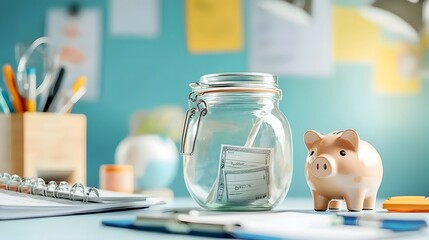 Aufkleber - Savings jar and piggy bank placed on a desk representing the concept of emergency fund planning and personal financial security