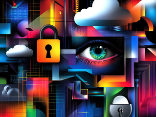 Poster - A vibrant, abstract depiction of digital security, featuring key elements like locks, clouds, and an eye, symbolizing vigilance and protection in the cyber realm.