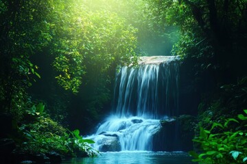 Aufkleber - Sunlight filters through lush greenery at a tranquil waterfall in a tropical forest setting. Generative AI