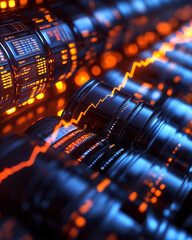 Poster - digital oil barrels with glowing data lines and graphs
