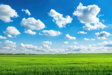 Fototapete - Vibrant green field under a clear blue sky with fluffy clouds on a sunny day in spring season. Generative AI