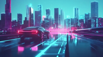 Poster - Neon Cityscape: Futuristic Electric Car Drive