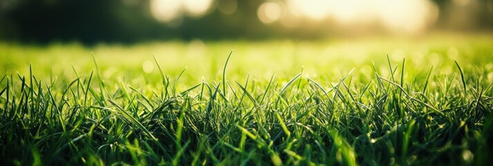 Poster - Lush green grass with sunlight filtering through trees in a serene outdoor setting during early morning hours. Generative AI