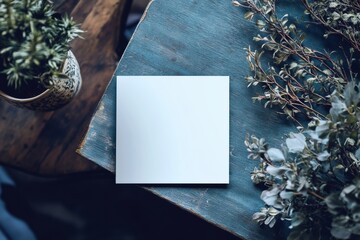 Leinwandbilder - Blank square note with greenery in a rustic setting for creative projects and personal messages. Generative AI