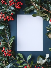Poster - Blank paper surrounded by vibrant holly leaves and red berries on a deep blue background for seasonal decoration. Generative AI