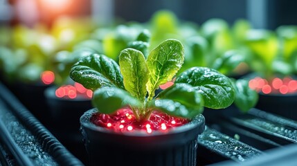 Wall Mural - Lush green lettuce growing in hydroponic pots with glowing LED lights in a modern indoor farm