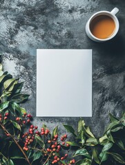 Poster - Blank notepad surrounded by greenery and a cup of tea on a textured surface, suitable for writing or designing. Generative AI