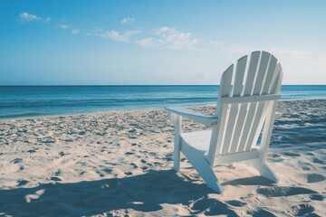 Poster - Relaxing empty chair on a sunlit beach with calm waves in the background during a peaceful morning. Generative AI