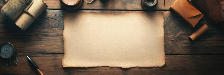 Poster - Vintage workspace with blank parchment and stationery arranged on rustic wooden table. Generative AI