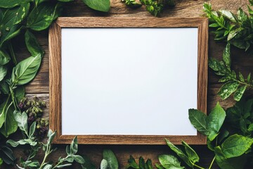 Aufkleber - Wooden frame surrounded by fresh herbs and greenery on rustic wooden surface for creative projects or recipes. Generative AI
