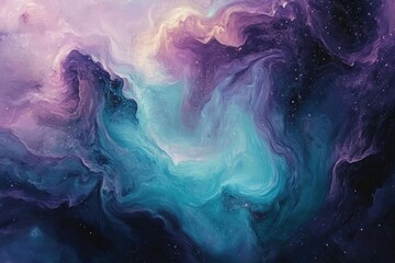 Canvas Print - a surreal cosmic nebula in soft lavender and teal ethereal swirls with diamond dust
