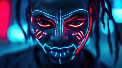 Poster - Neon Tribal Face Art: Cyberpunk Style Portrait