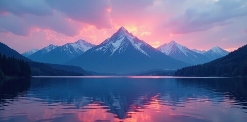 Wall Mural - majestic mountains rise above serene lake waters at dusk, serene, calm, evening