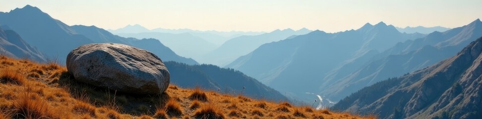 Wall Mural - serene mountain landscape with a solitary boulder at its base, serene, earthy
