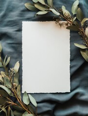 Leinwandbilder - Blank paper surrounded by green leaves on a textured fabric backdrop for creative projects or invitations. Generative AI